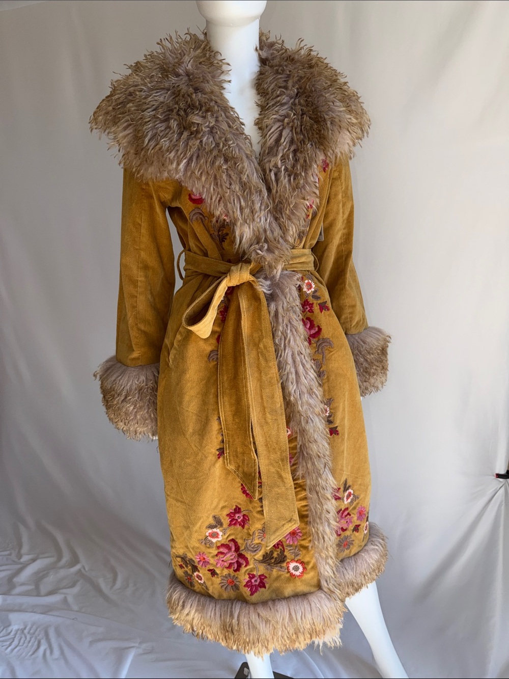 Free People Mustard Embroidered Faux-Fur Trim Wrap Dress